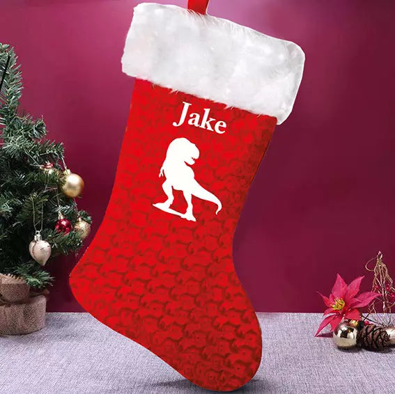 Deluxe Red Velvet Personalised Christmas Stocking for Dino Lovers