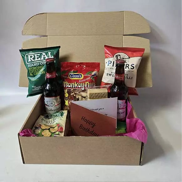 Budweiser Beer Bottles and Snacks Hamper with Personalised Message