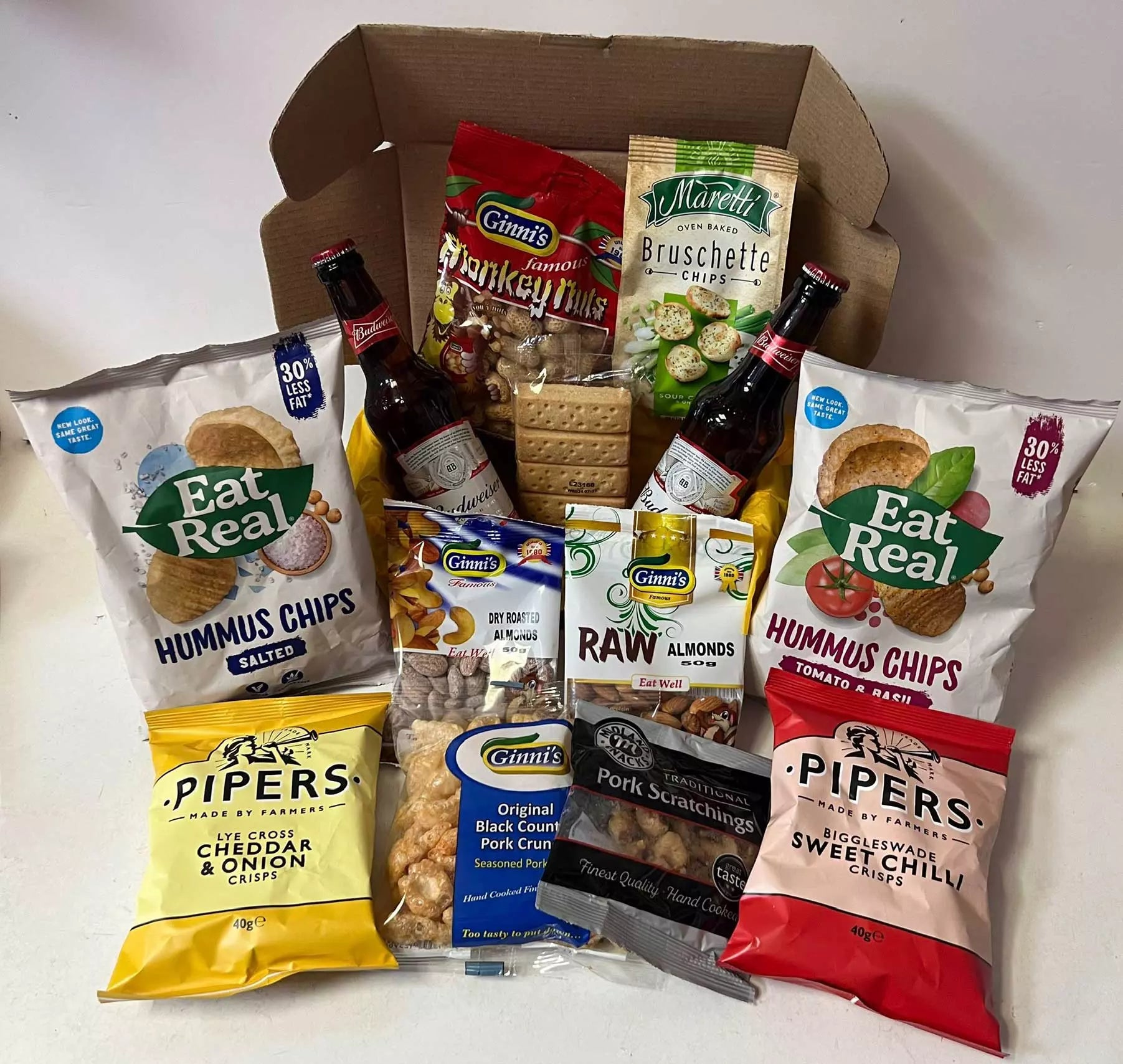 Budweiser Beer Bottles and Snacks Hamper with Personalised Christmas Card