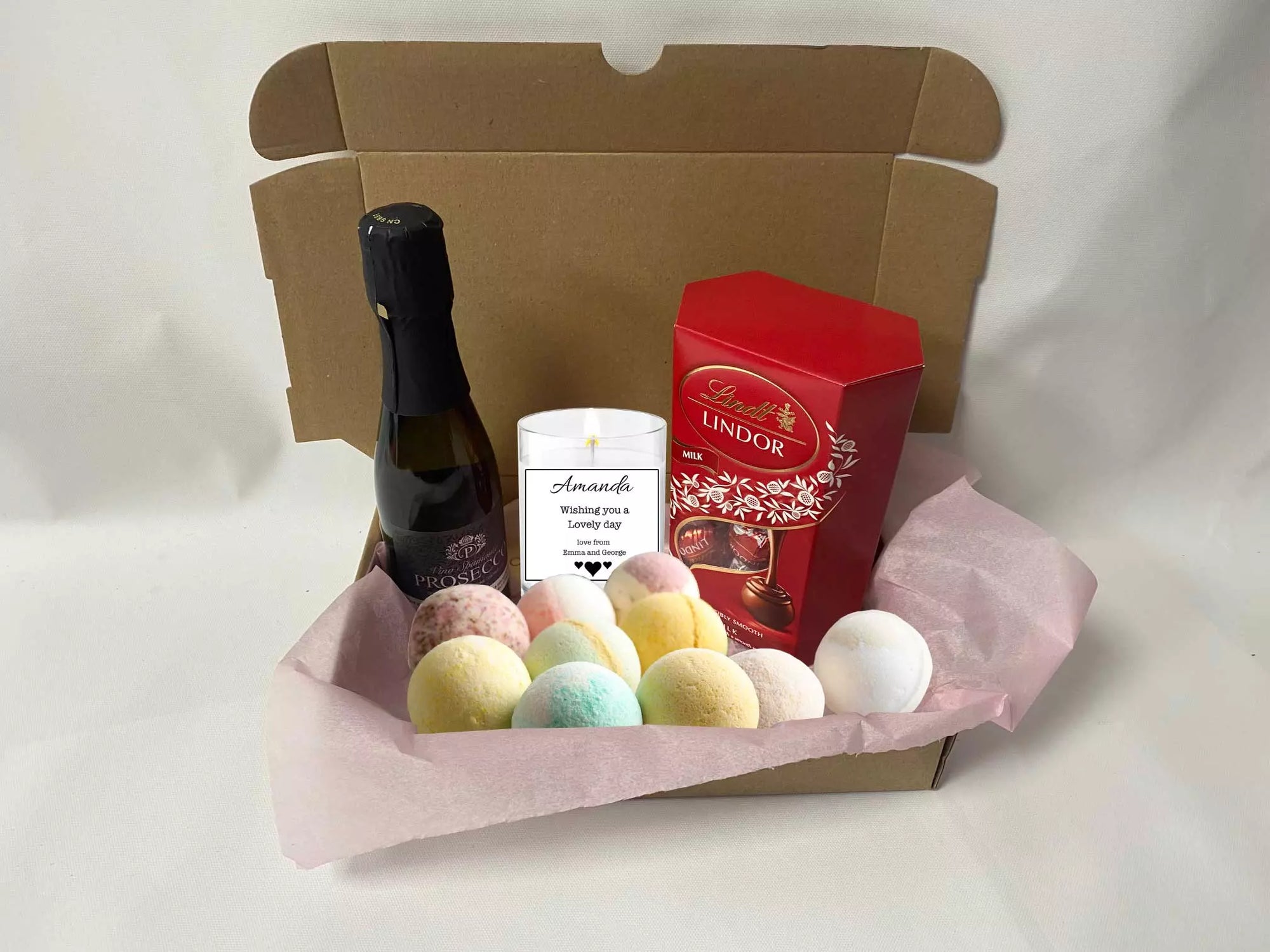 Chocolate, Bath Bombs & Prosecco Pamper Hamper with a Personalised Candle