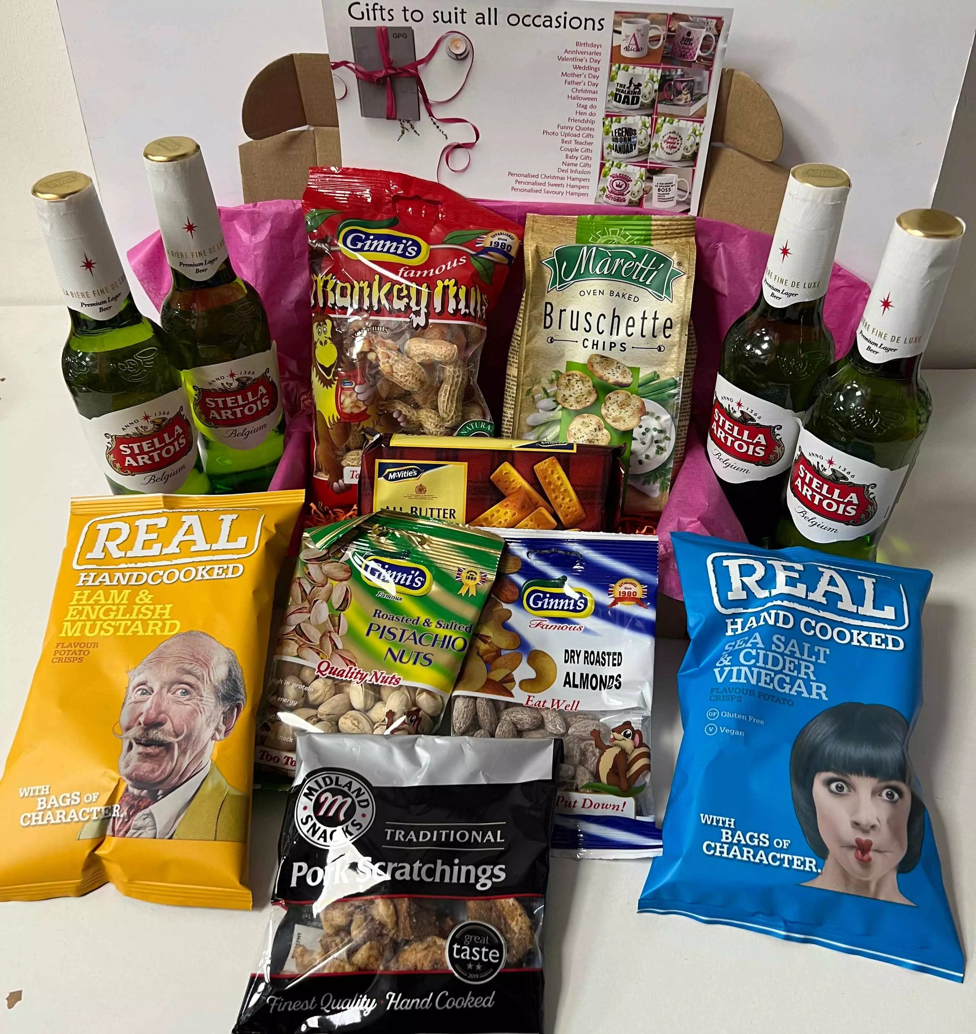 Stella Beer Bottles and Snacks Hamper with Personalised Christmas Card