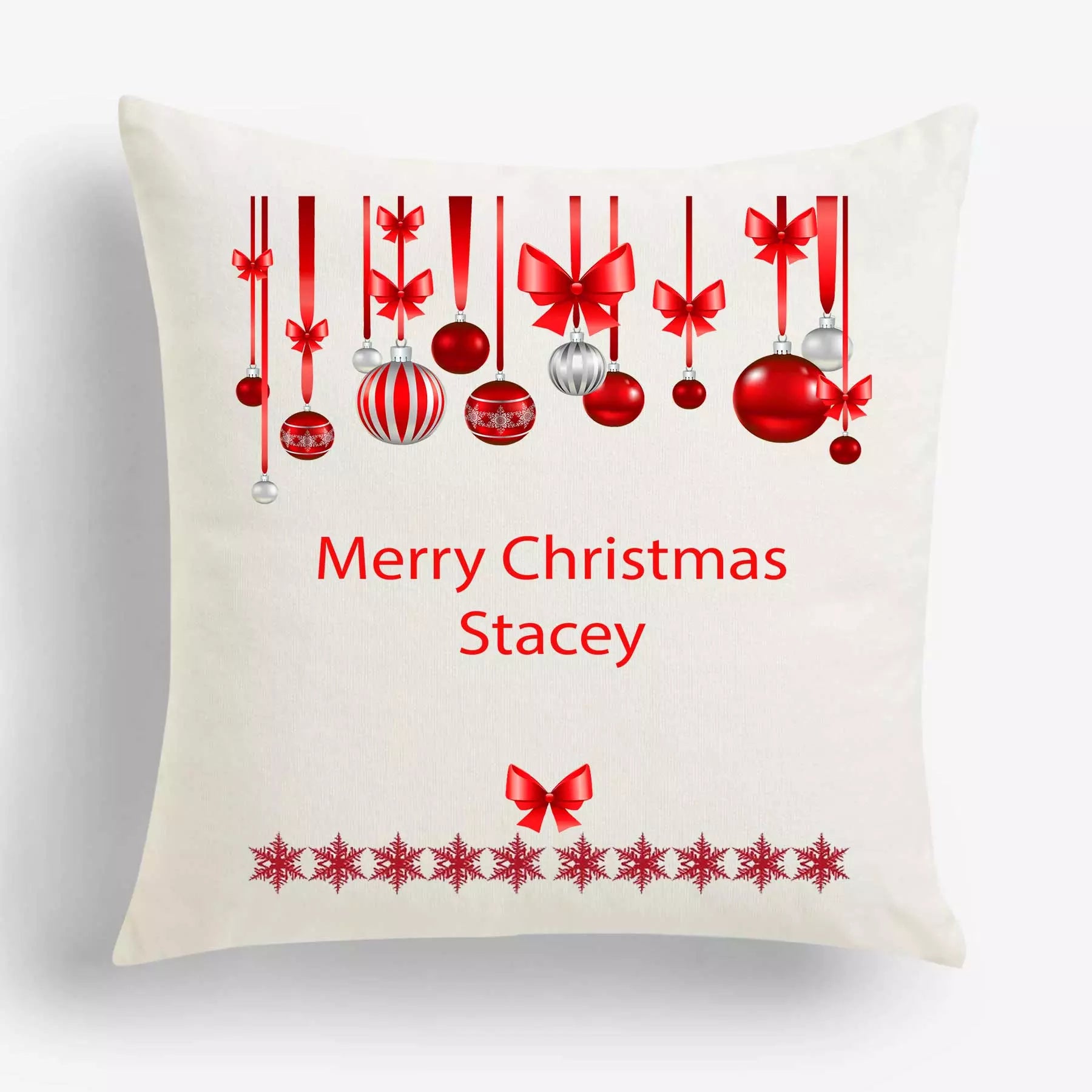 Personalised Red Baubles Christmas Cushion - Add Name