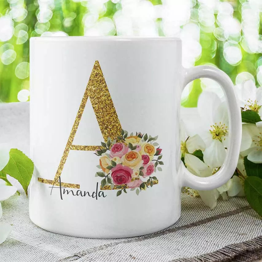 Personalised Name and Initial (with Flowers Bouquet Detail) Mug