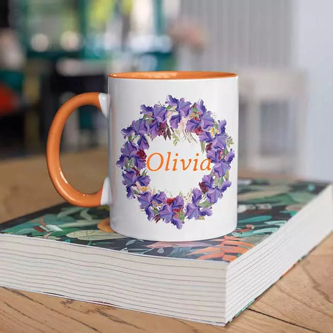 Personalised Black Coloured Inside Name Mug - Floral Wreath