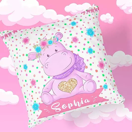 Personalised Hippo Newborn Baby Cushion - Add Name, Date, Time, Weight