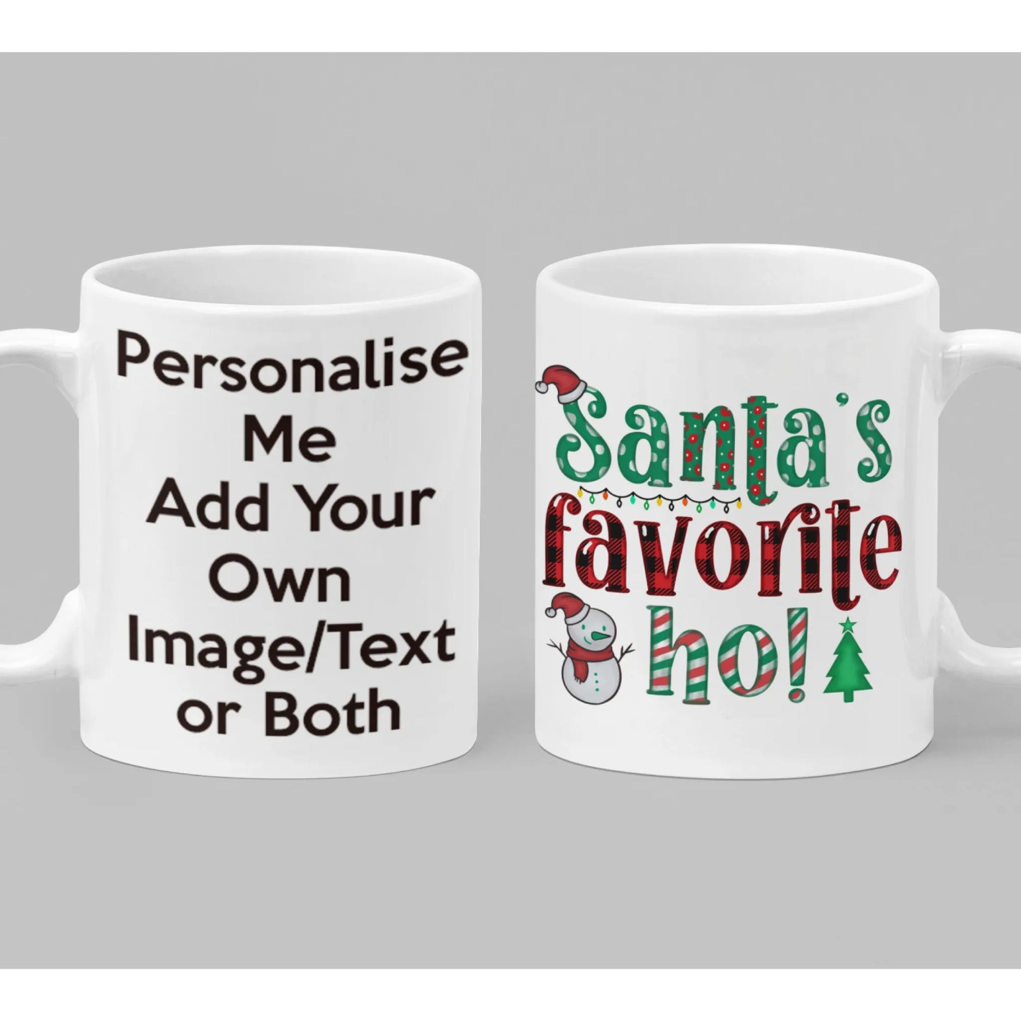 Funny personalised Santa’s Favorite Ho Christmas mug with festive lettering, snowman and tree icons – humorous adult holiday gift