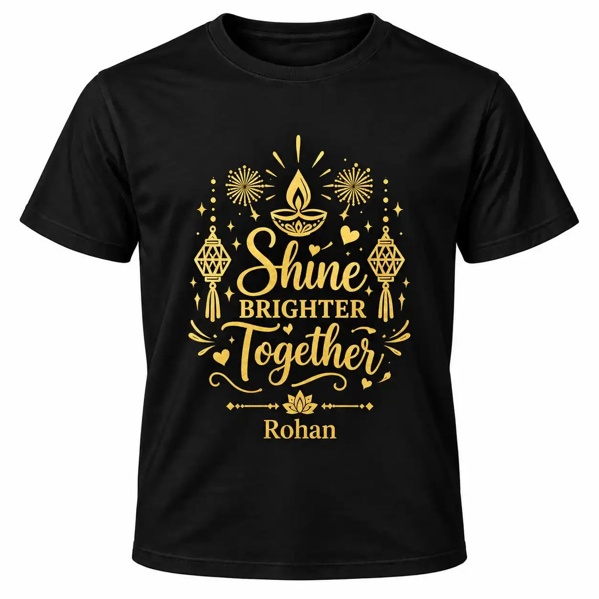 Black personalised Diwali T-shirt with gold Shine Brighter Together lettering, diya lamp, lanterns and fireworks.