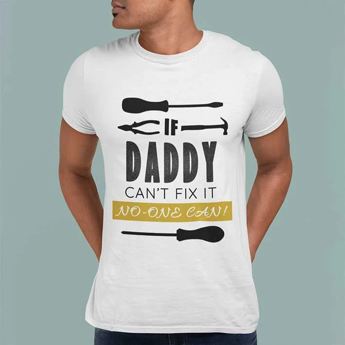 Personalised “If Daddy Can’t Fix It, No One Can” t-shirt with custom name, a thoughtful personalised gift for DIY dads and handymen