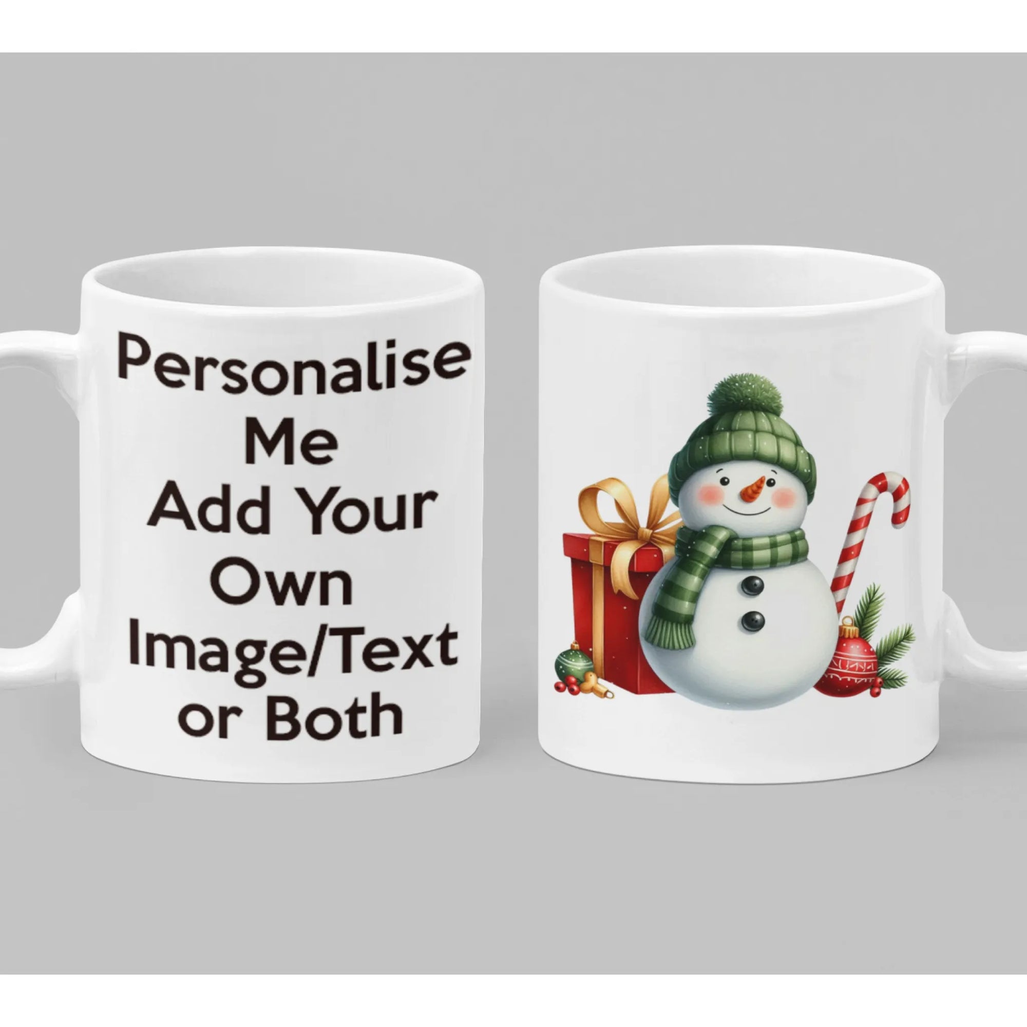 Cute personalised snowman Christmas mug with winter hat, presents, candy cane and festive ornaments – seasonal holiday gift