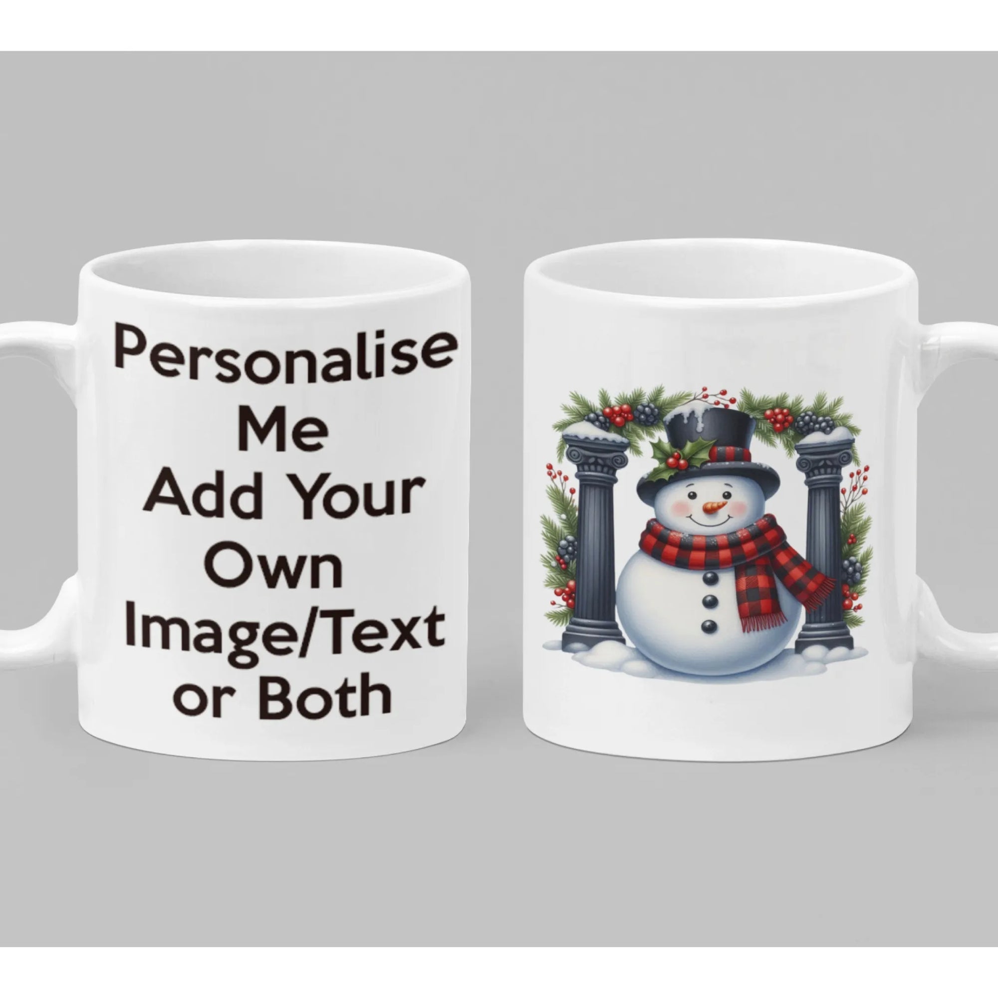 Traditional snowman Christmas mug with top hat, scarf, holly garlands and festive columns – personalised winter holiday gift