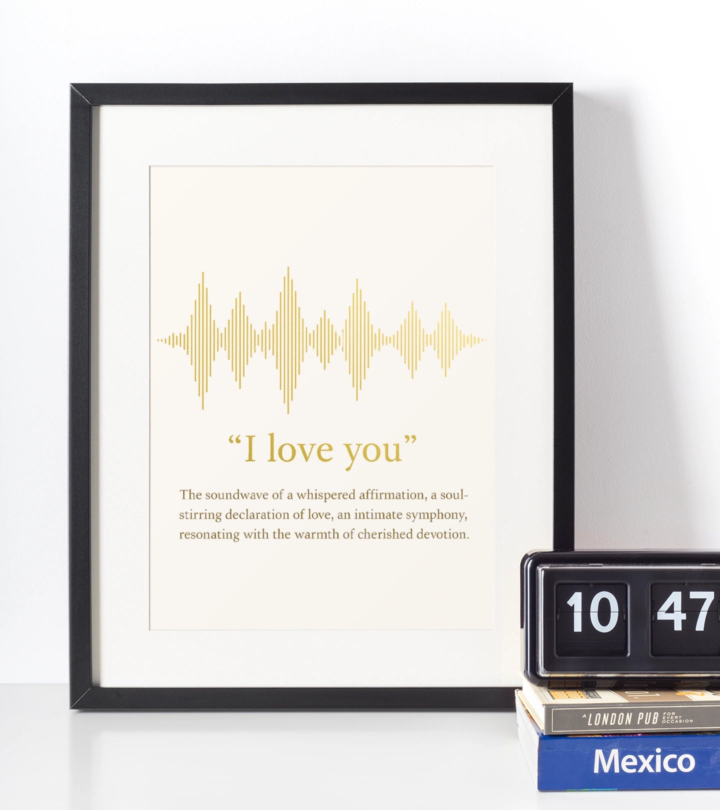 Personalised soundwave photo wall art frame displaying custom voice message design.