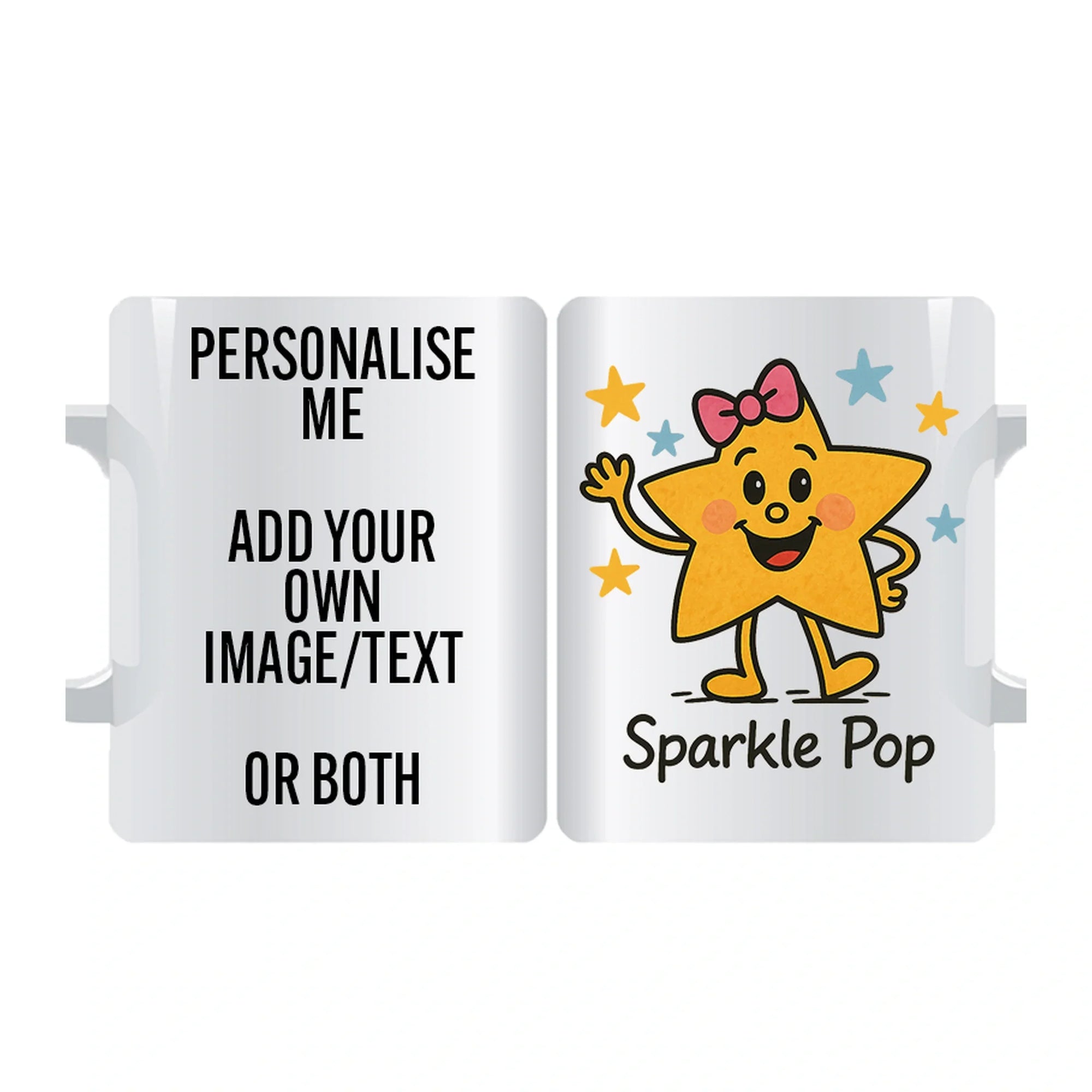 Personalised Sparkle Pop Bow Star Mug – playful star character; add your name or image