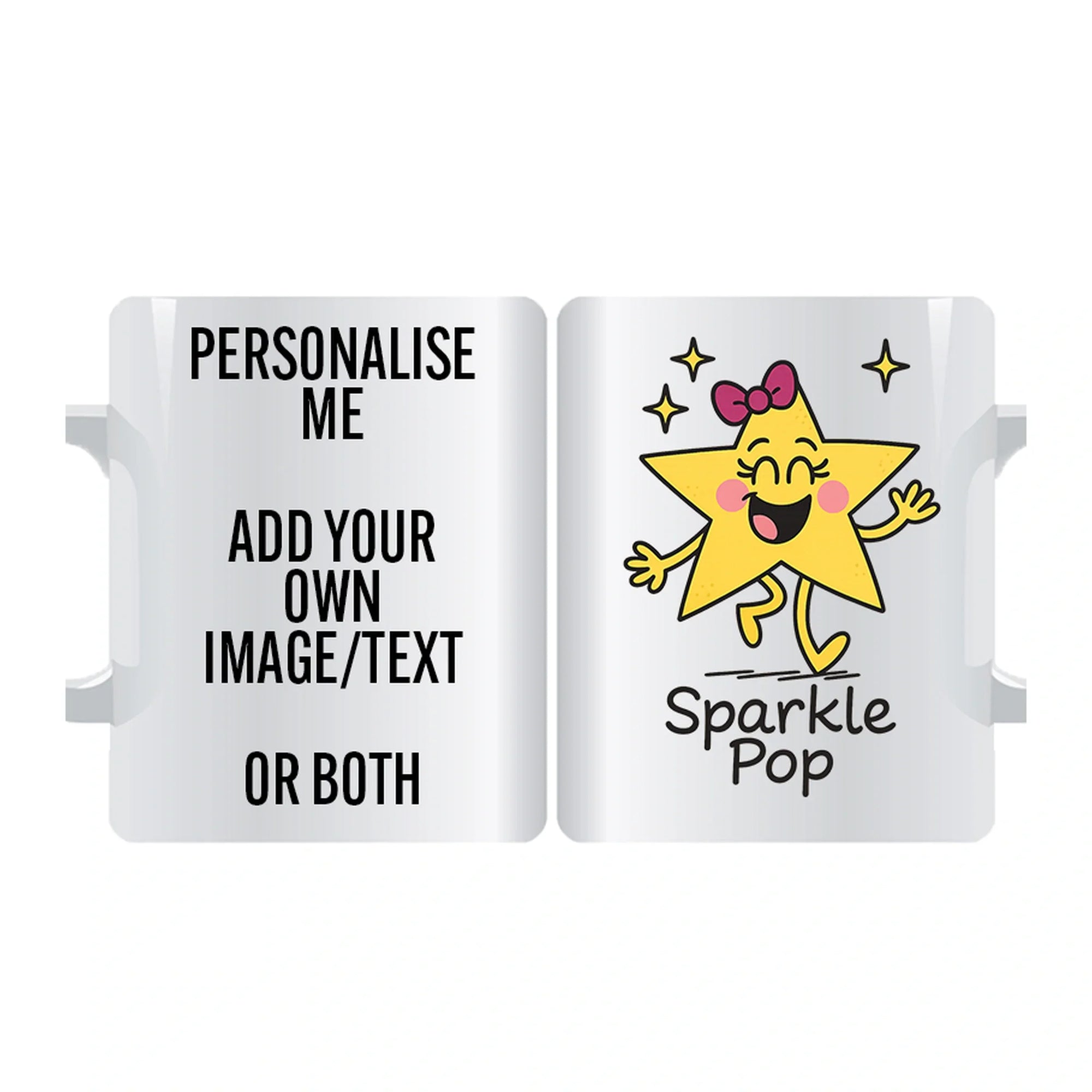 Personalised Sparkle Pop Cheerful Star Mug – playful star character; add your name or image