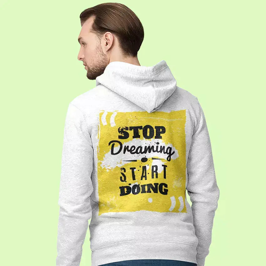 Stop Dreaming Start Doing personalised pullover hoodie featuring the motivational quote with a custom name printed beneath the design.