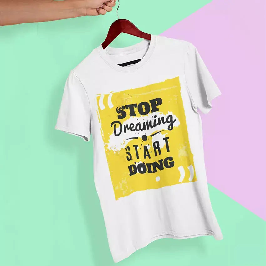 Stop Dreaming Start Doing personalised cotton T-shirt featuring the motivational slogan with a custom name printed beneath the design.