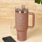Close Up of Personalised Teacher Planting Seeds of Knowledge Engraved Design on Fuchsia 40oz Tumbler
