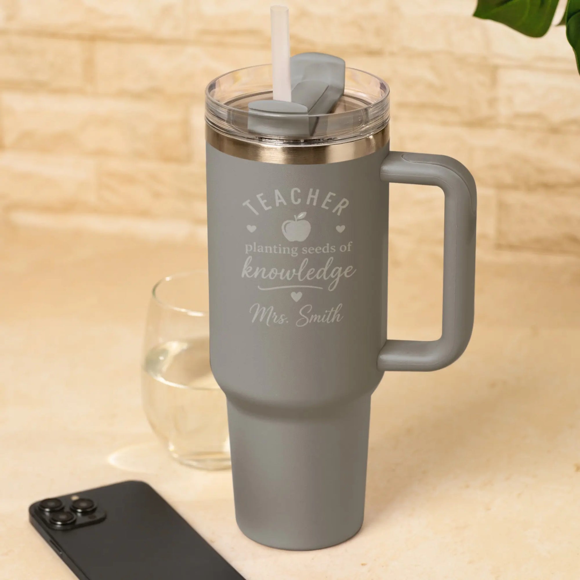 Personalised Teacher Planting Seeds of Knowledge Engraved 40oz Light Grey Tumbler Gift for Teachers