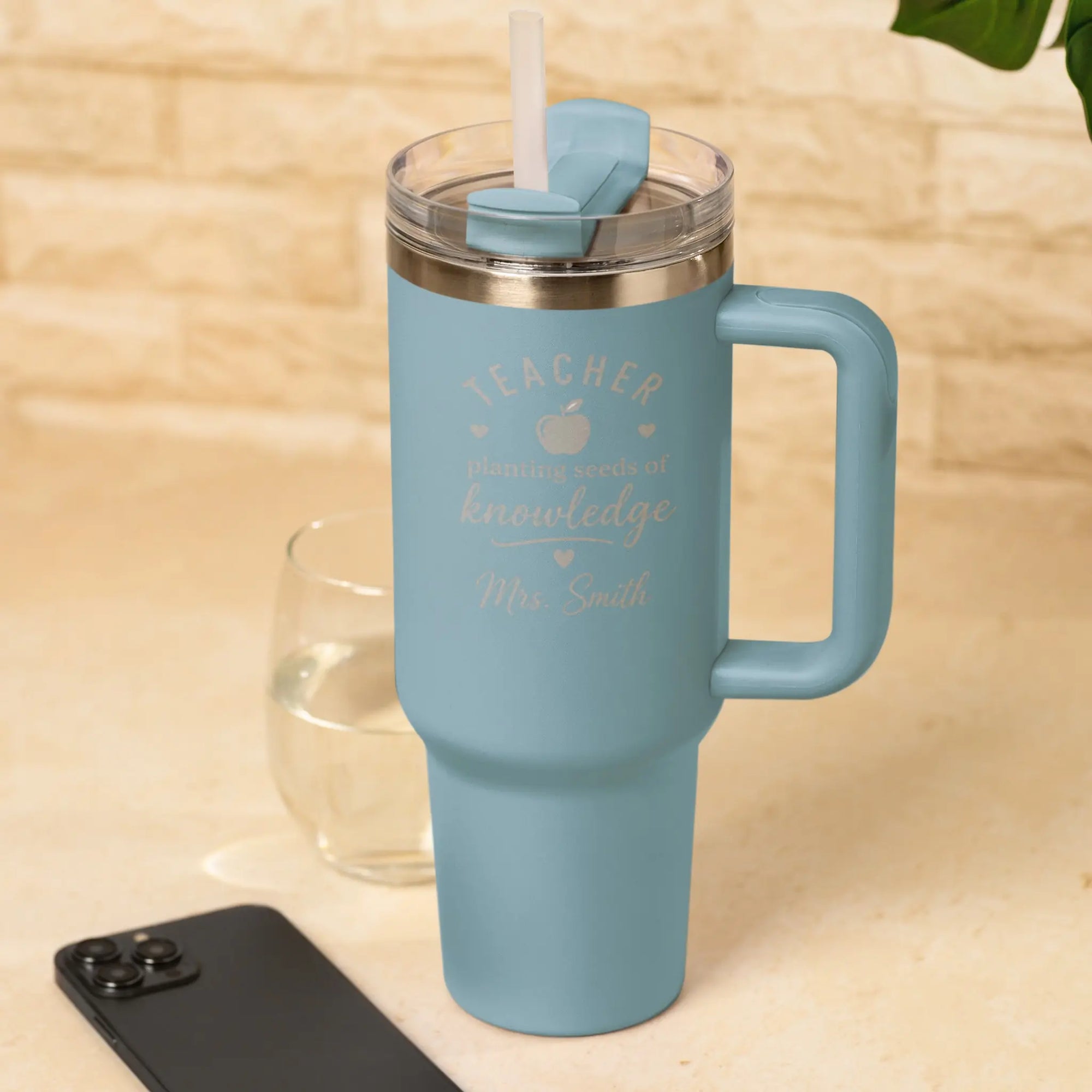 Personalised Teacher Planting Seeds of Knowledge Engraved 40oz Light Blue Travel Tumbler with Handle