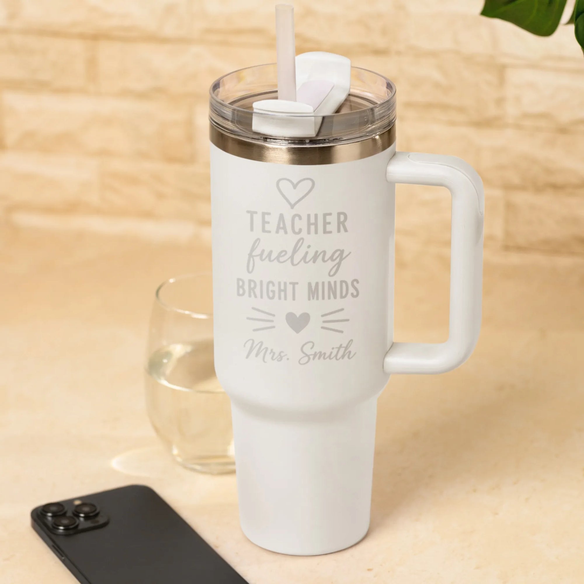 Personalised Teacher Tumbler Gift - Teacher Fueling Bright Minds Engraved Travel Cup in White