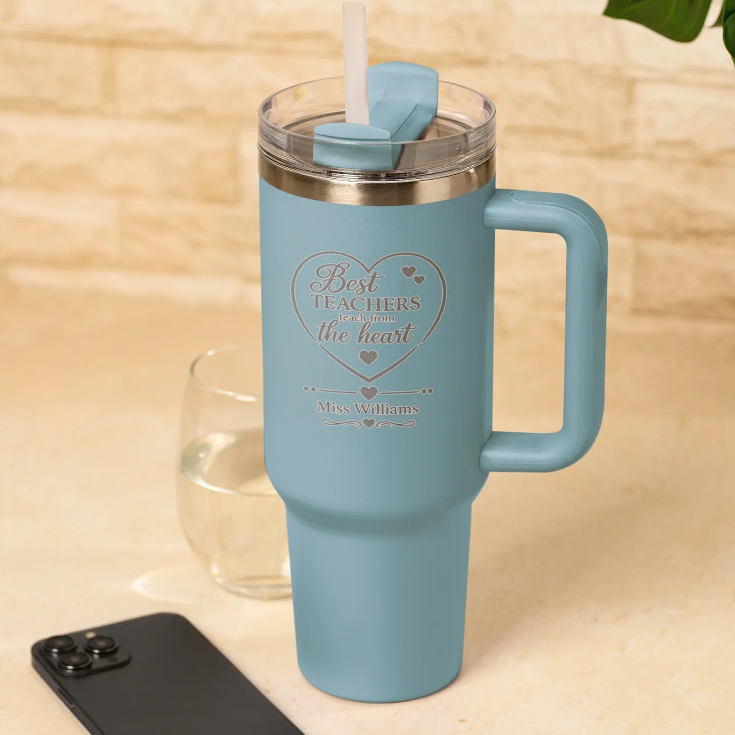 Best Teachers Teach from the Heart personalised teacher tumbler with custom name in light blue