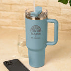 Light blue rainbow personalised teacher tumbler with custom teacher name