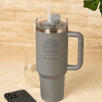 Grey rainbow personalised teacher tumbler with custom teacher name