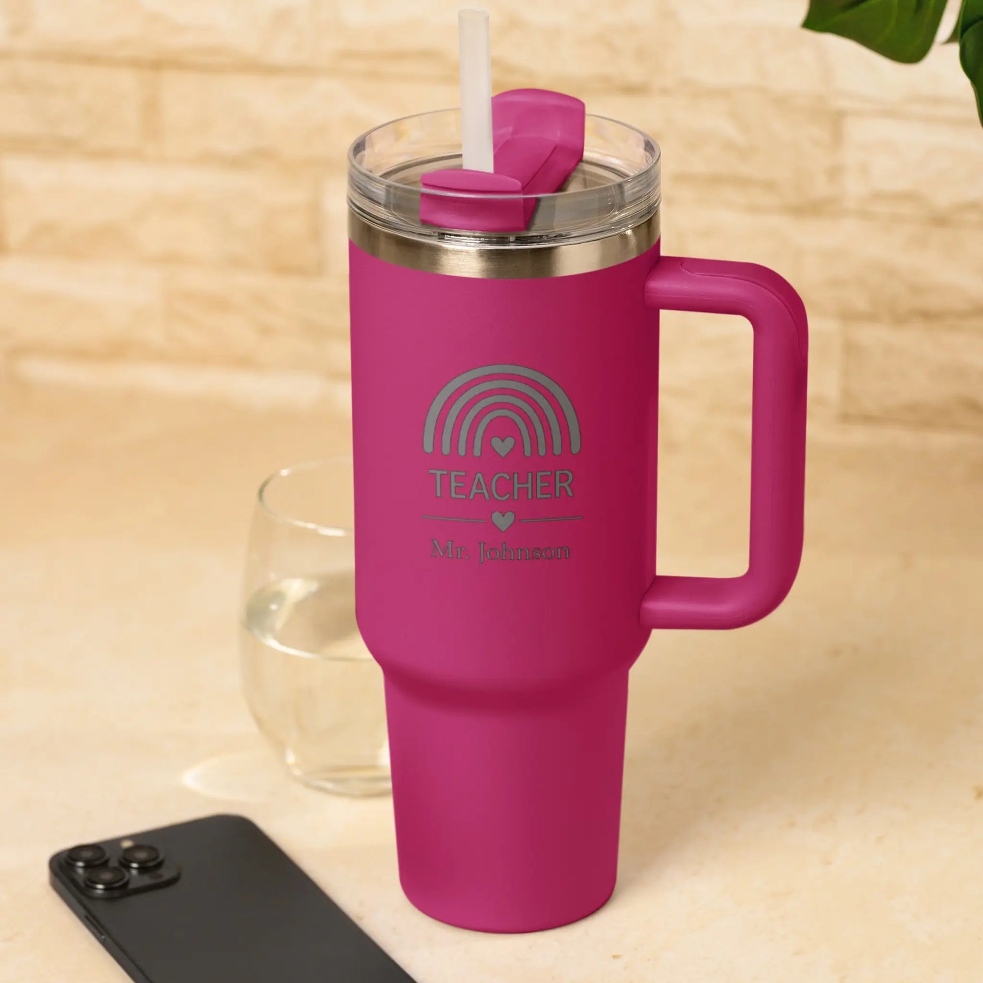 Fuchsia rainbow personalised teacher tumbler with custom teacher name