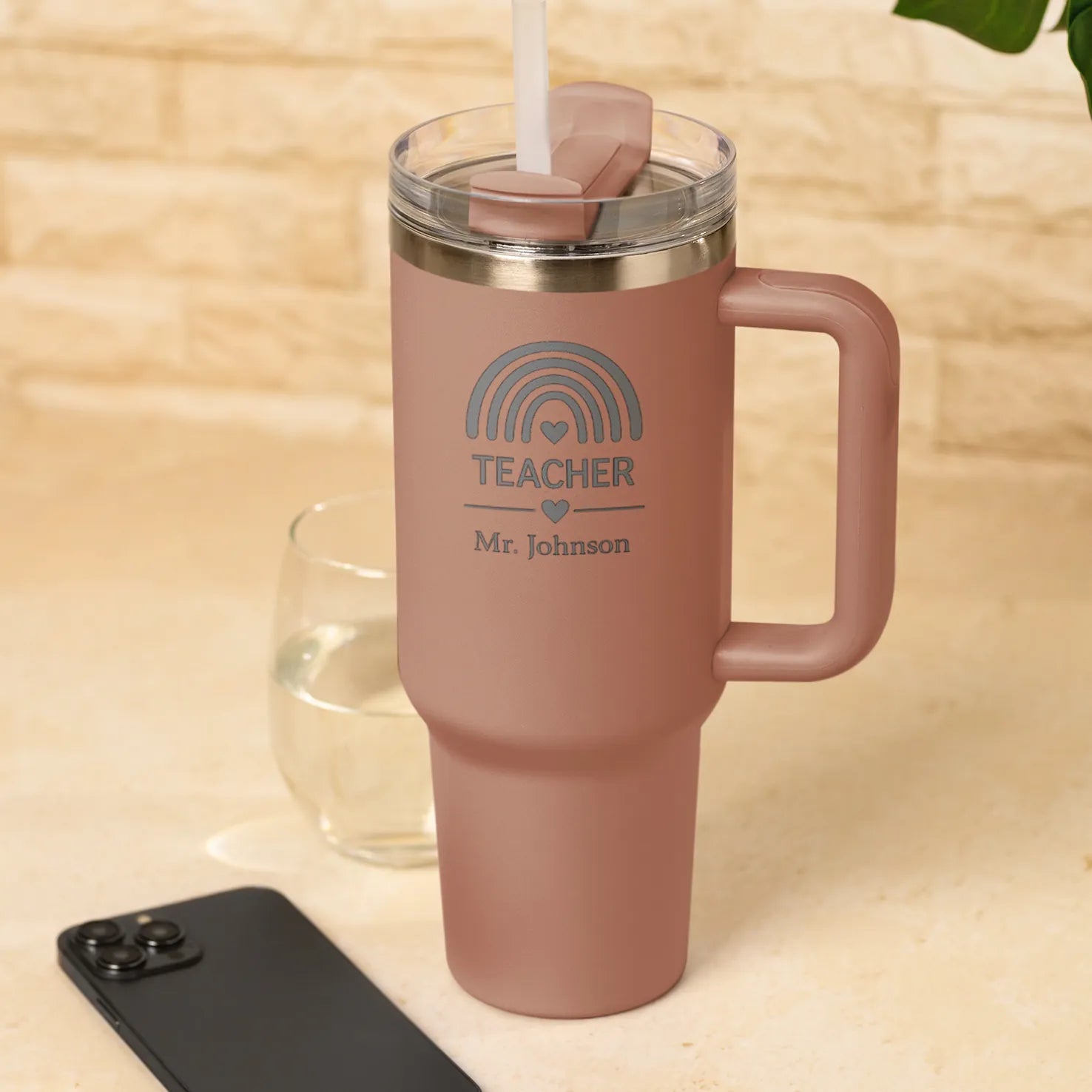 Light pink rainbow personalised teacher tumbler with custom teacher name