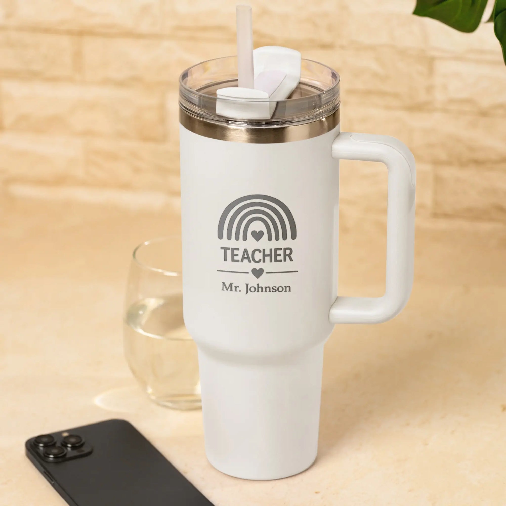 White rainbow personalised teacher tumbler with custom teacher name