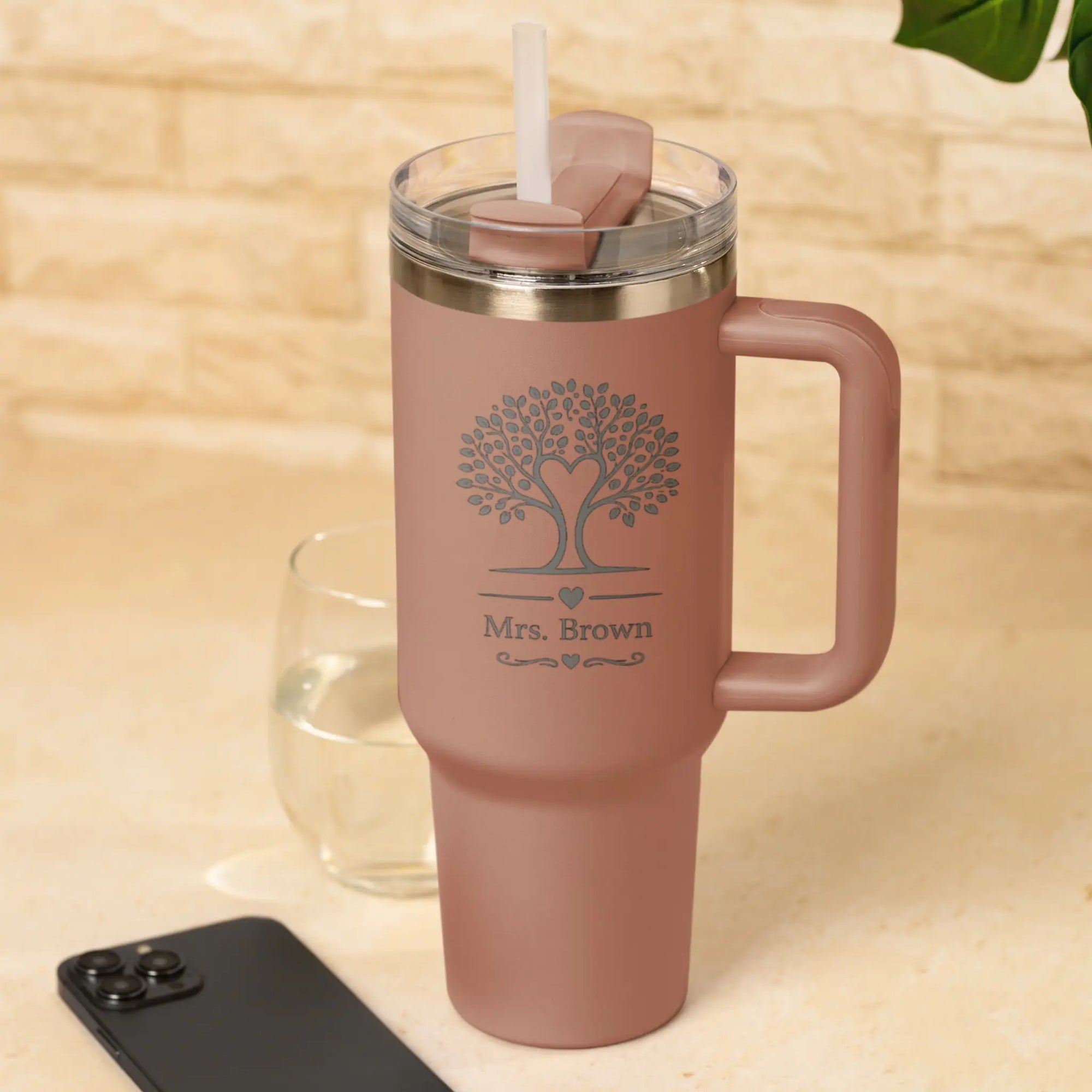 Personalised Teacher Tumbler with Tree of Life Engraved Design and Custom Name Pink