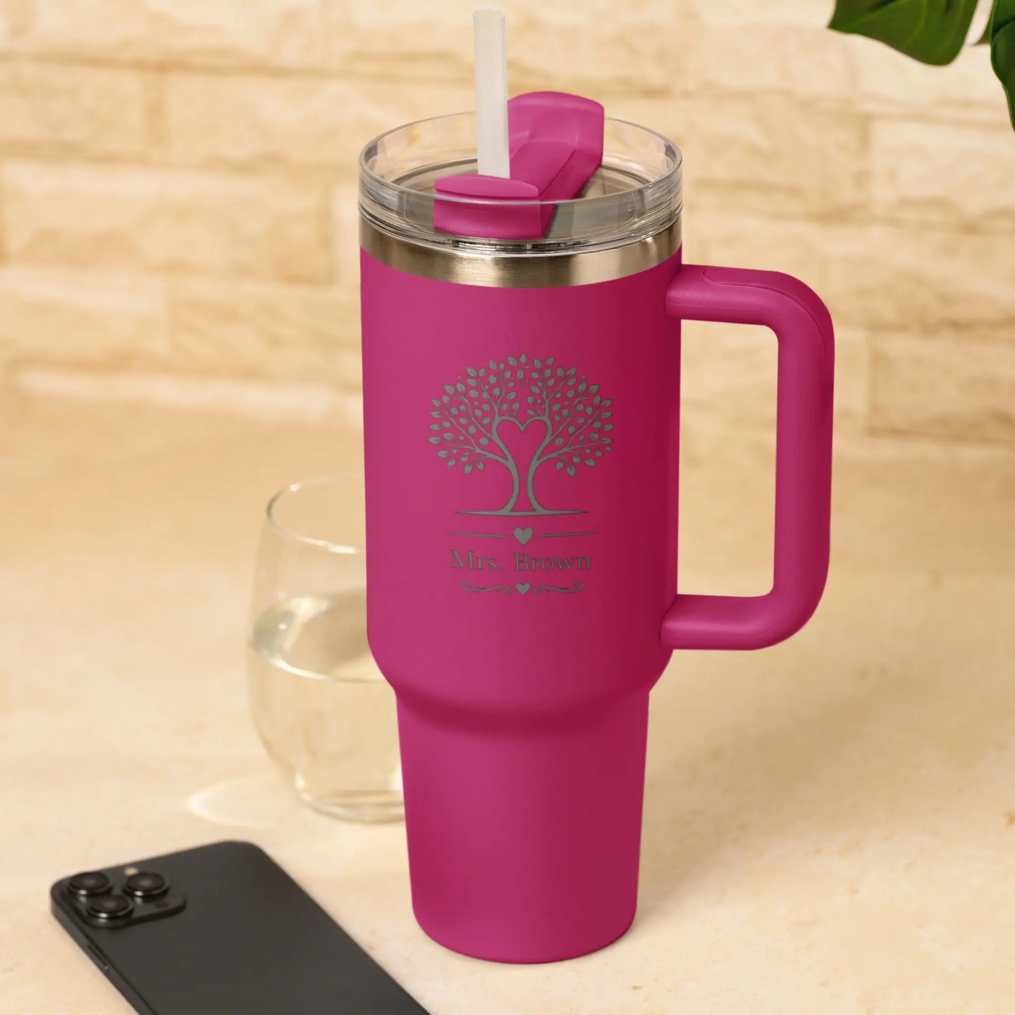 Personalised Teacher Tumbler with Tree of Life Engraved Design and Custom Name Fuchsia