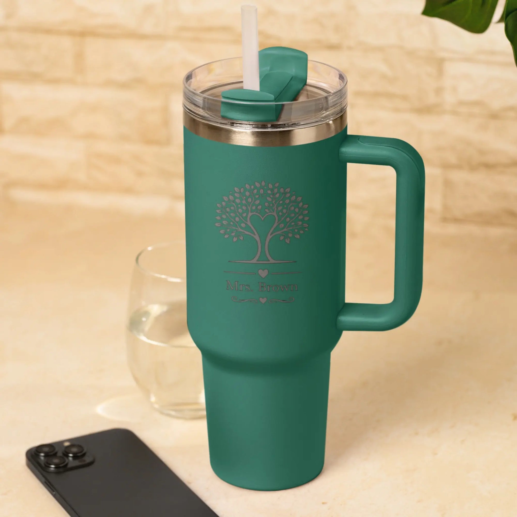 Personalised Teacher Tumbler with Tree of Life Engraved Design and Custom Name Green