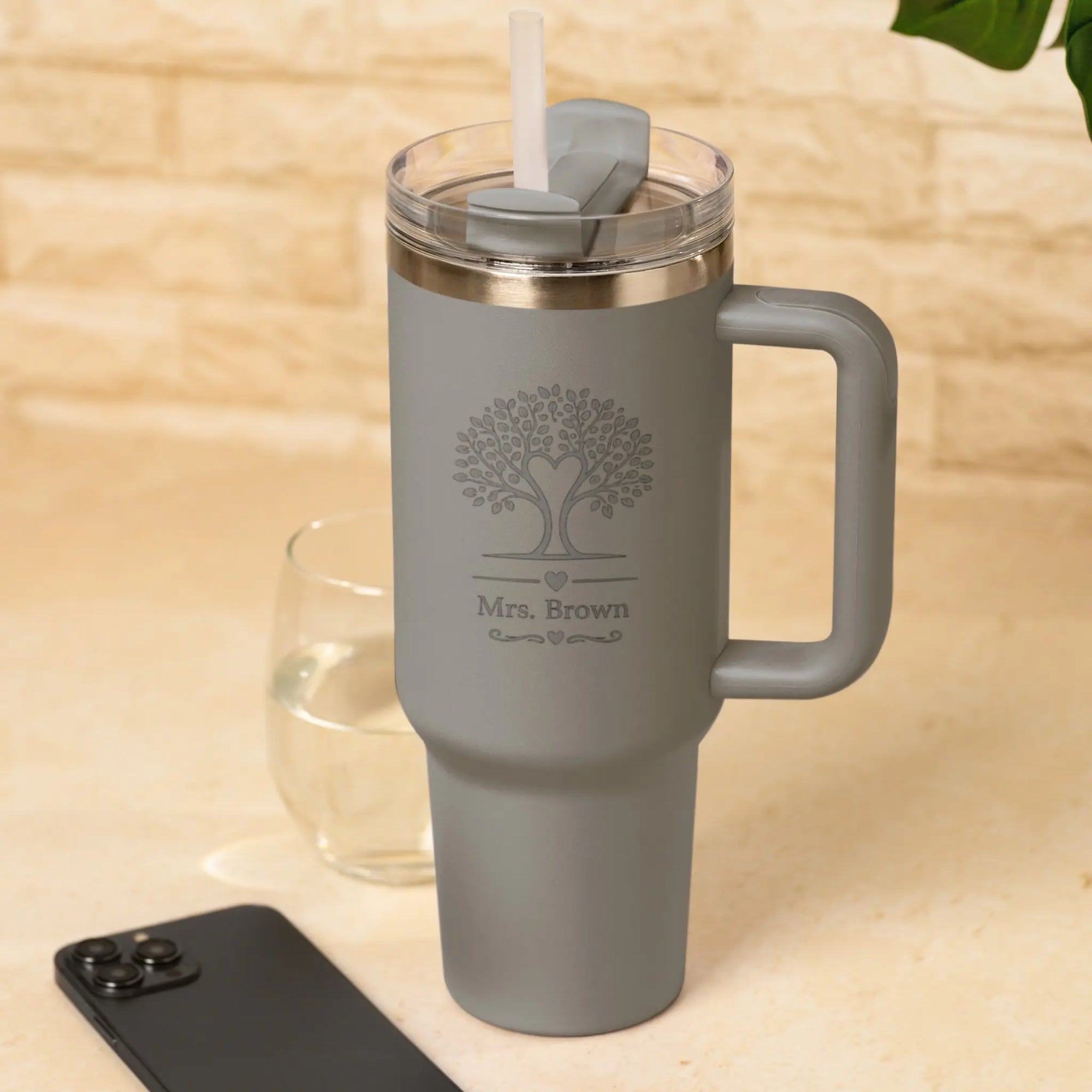 Personalised Teacher Tumbler with Tree of Life Engraved Design and Custom Name Light Grey