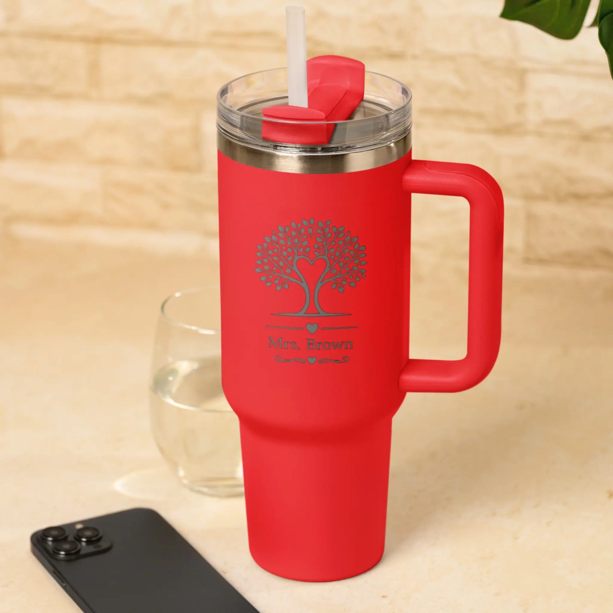 Personalised Teacher Tumbler with Tree of Life Engraved Design and Custom Name Red