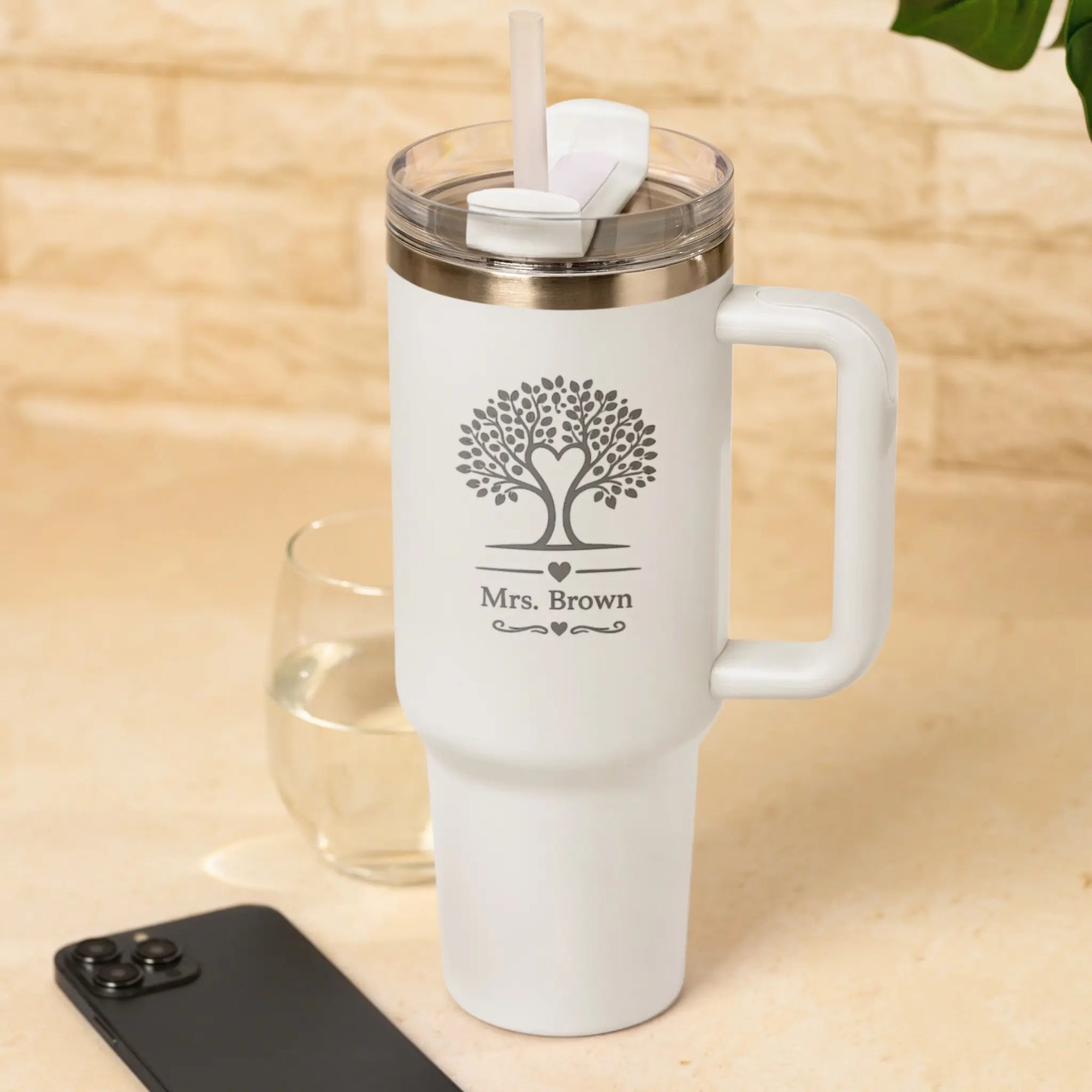 Personalised Teacher Tumbler with Tree of Life Engraved Design and Custom Name White