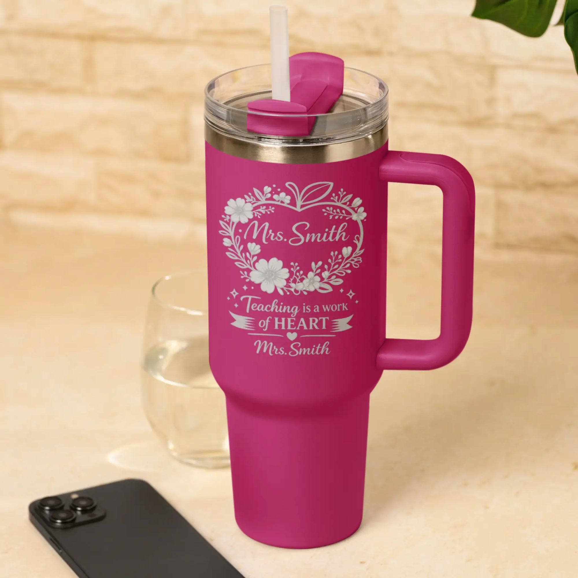 Personalised Teacher Tumbler Gift - Teaching is a Work of Heart Engraved Stainless Steel Travel Cup with Teacher Name in Fuchsia Pink