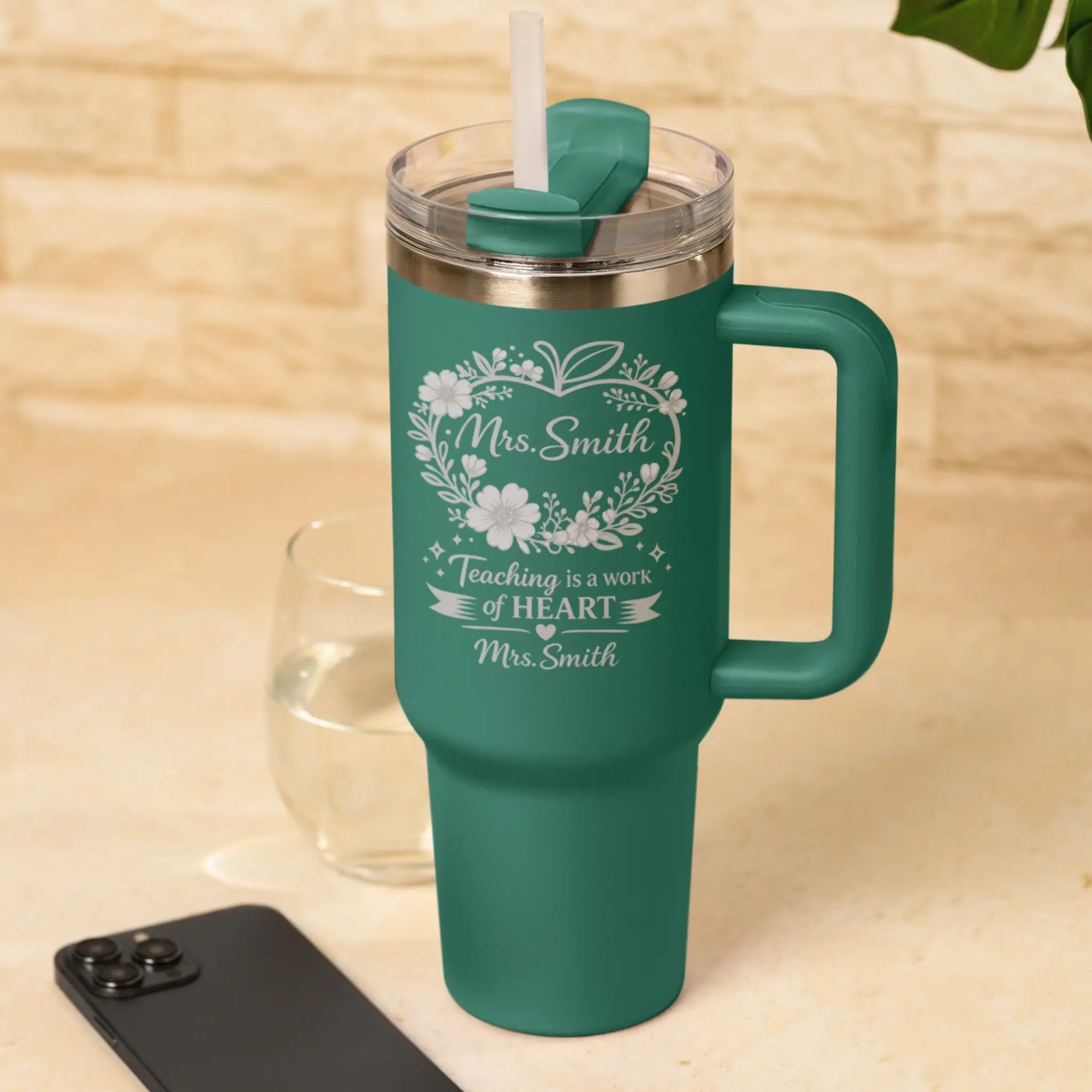 Personalised Teacher Tumbler Gift - Teaching is a Work of Heart Engraved Stainless Steel Travel Cup with Teacher Name in Teal Green