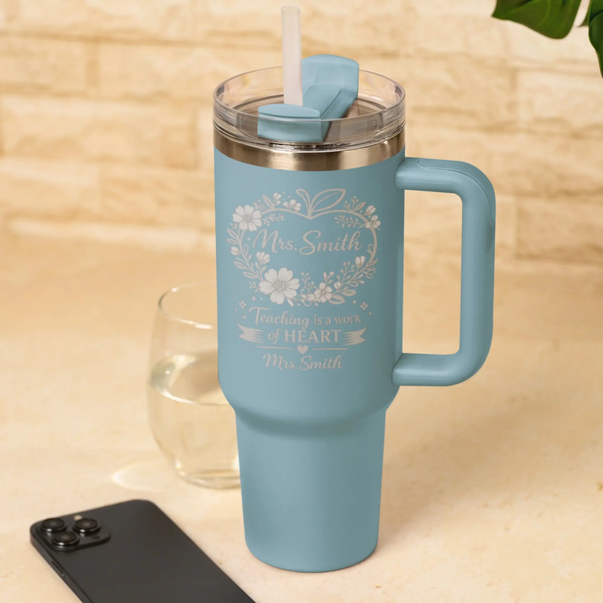 Personalised Teacher Tumbler Gift - Teaching is a Work of Heart Engraved Stainless Steel Travel Cup with Teacher Name in Light Blue