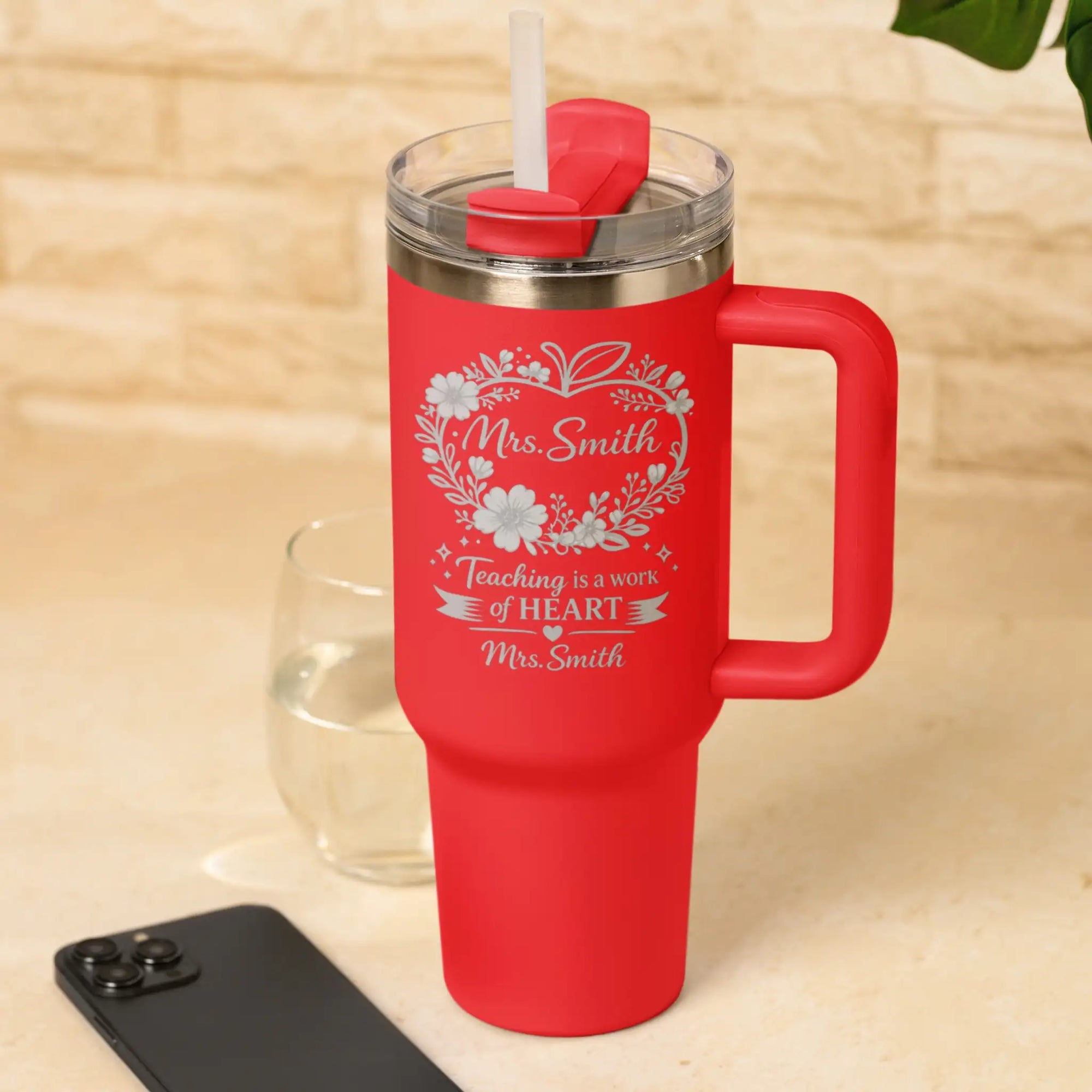 Personalised Teacher Tumbler Gift - Teaching is a Work of Heart Engraved Stainless Steel Travel Cup with Teacher Name in Red