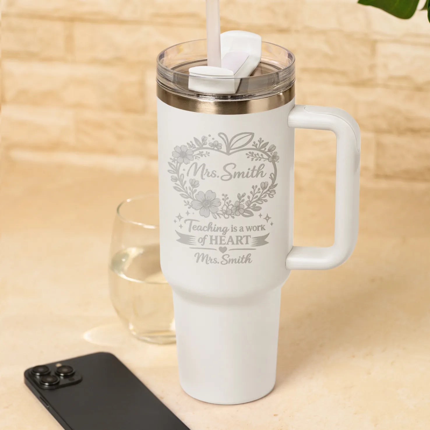 Personalised Teacher Tumbler Gift - Teaching is a Work of Heart Engraved Stainless Steel Travel Cup with Teacher Name in White