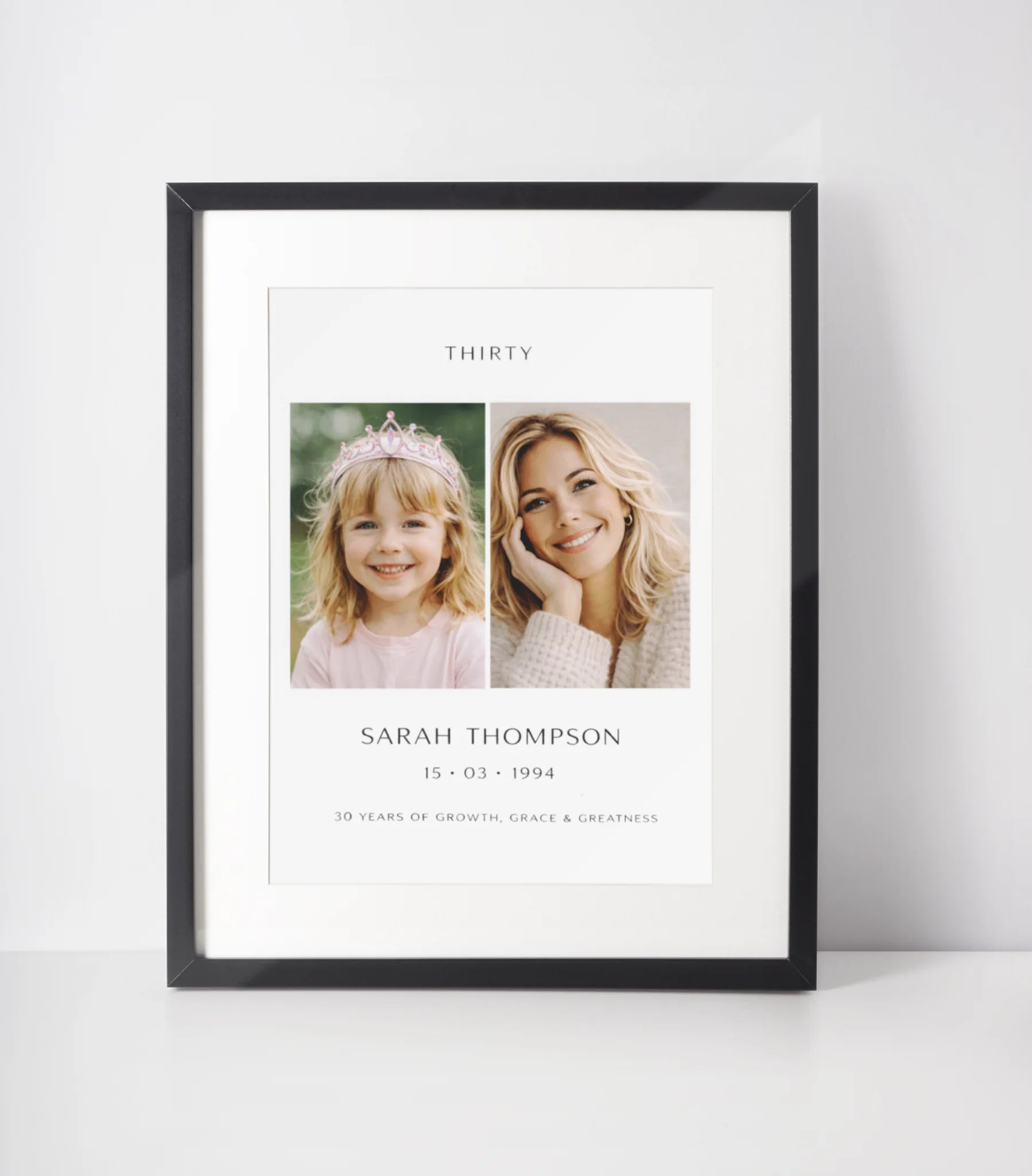 Personalised 30th birthday photo frame gift with childhood and adult photo collage, custom name and date print in black frame – unique milestone birthday keepsake UK