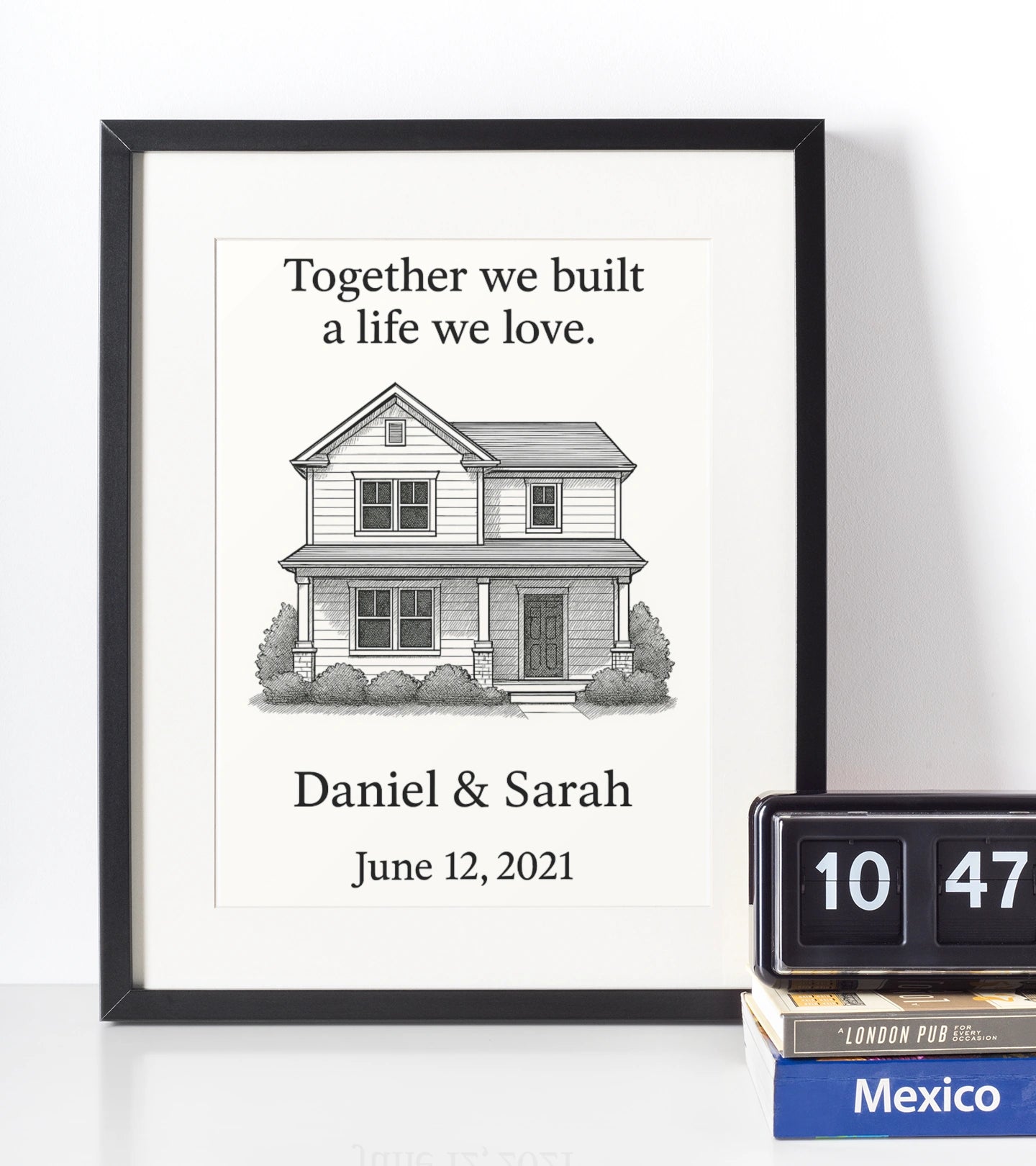 Personalised home portrait wall art with custom names and date.