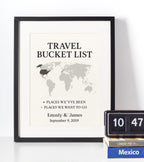 Personalised travel bucket list world map print with custom destinations and names.