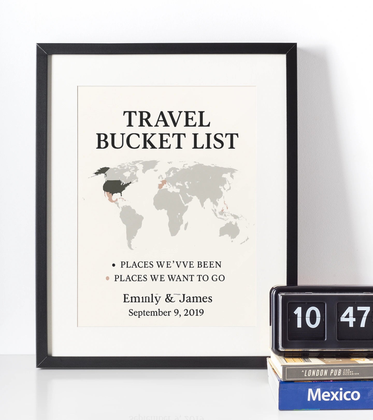 Personalised travel bucket list world map print with custom destinations and names.