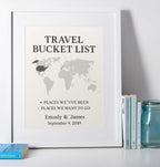Custom framed travel map wall art showing visited and future travel locations.