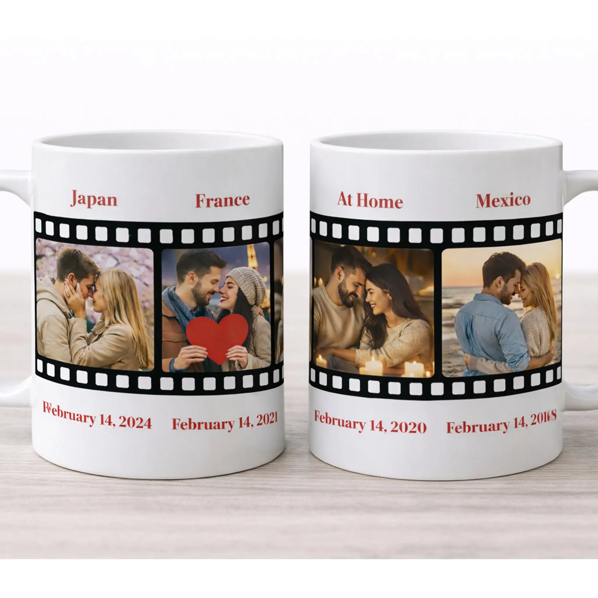Personalised film strip photo mug with custom couple images and dates