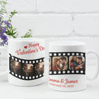 Romantic personalized mug with film strip photos, Valentine’s Day keepsake gift