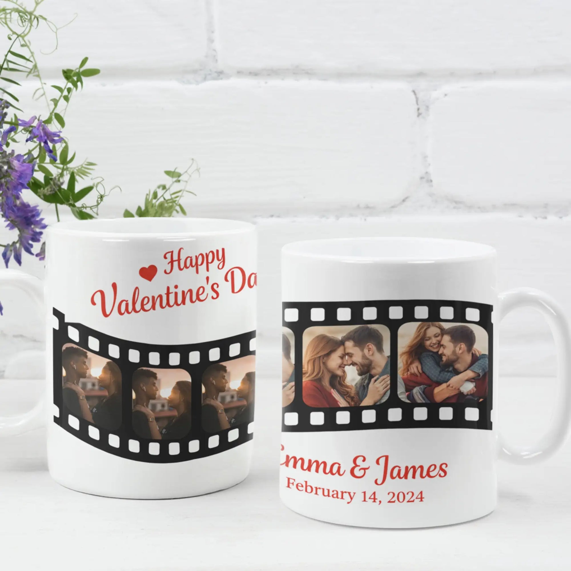 Romantic personalized mug with film strip photos, Valentine’s Day keepsake gift