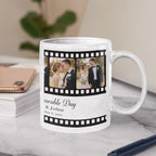 Personalised film reel mug featuring love story photos, Valentine keepsake