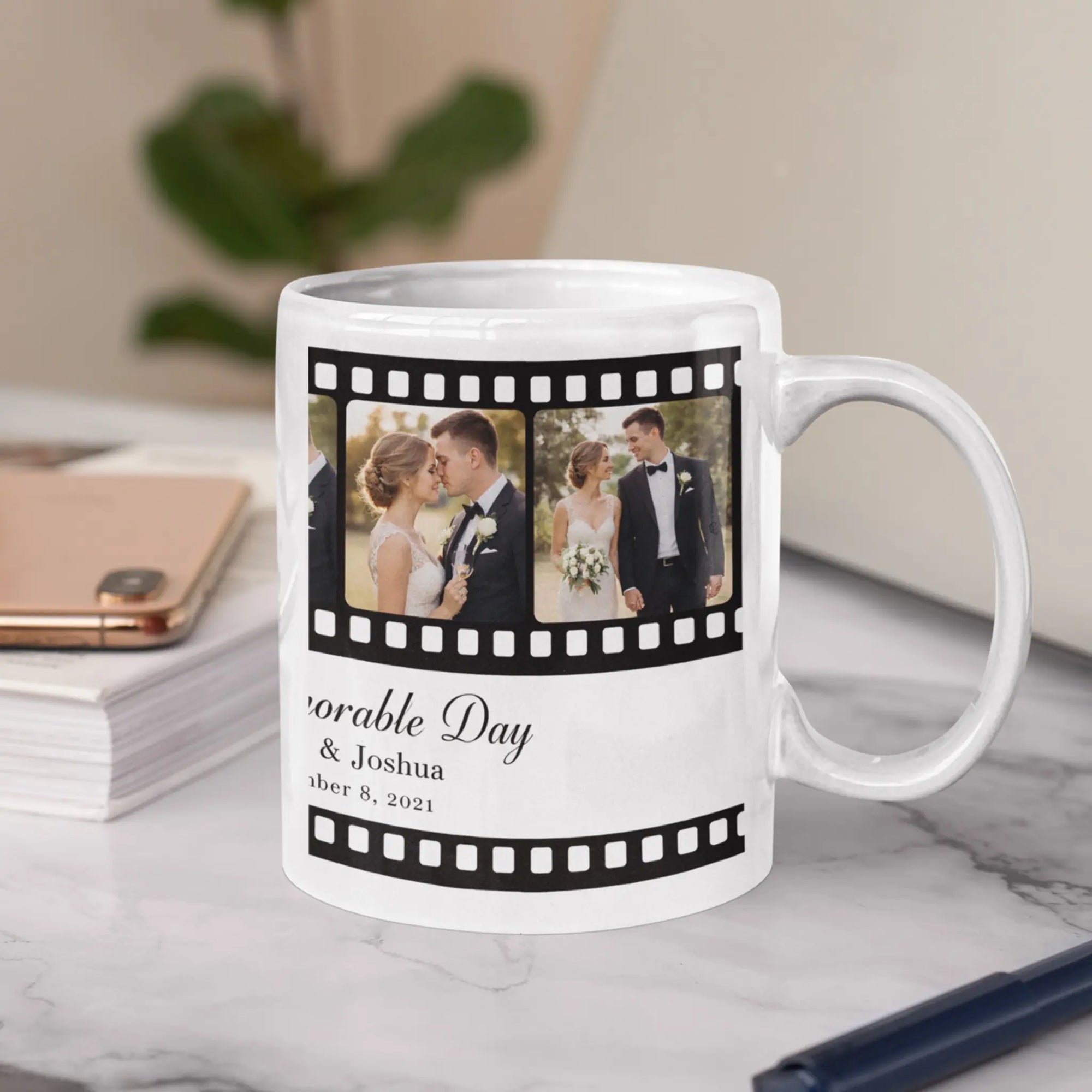 Personalised film reel mug featuring love story photos, Valentine keepsake